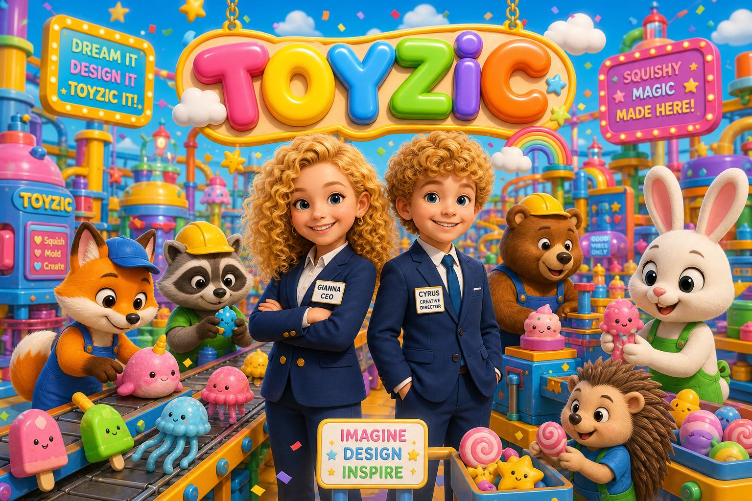 Gianna and Cyrus, the kid CEOs of Toyzic, with their friendly animal toy makers.